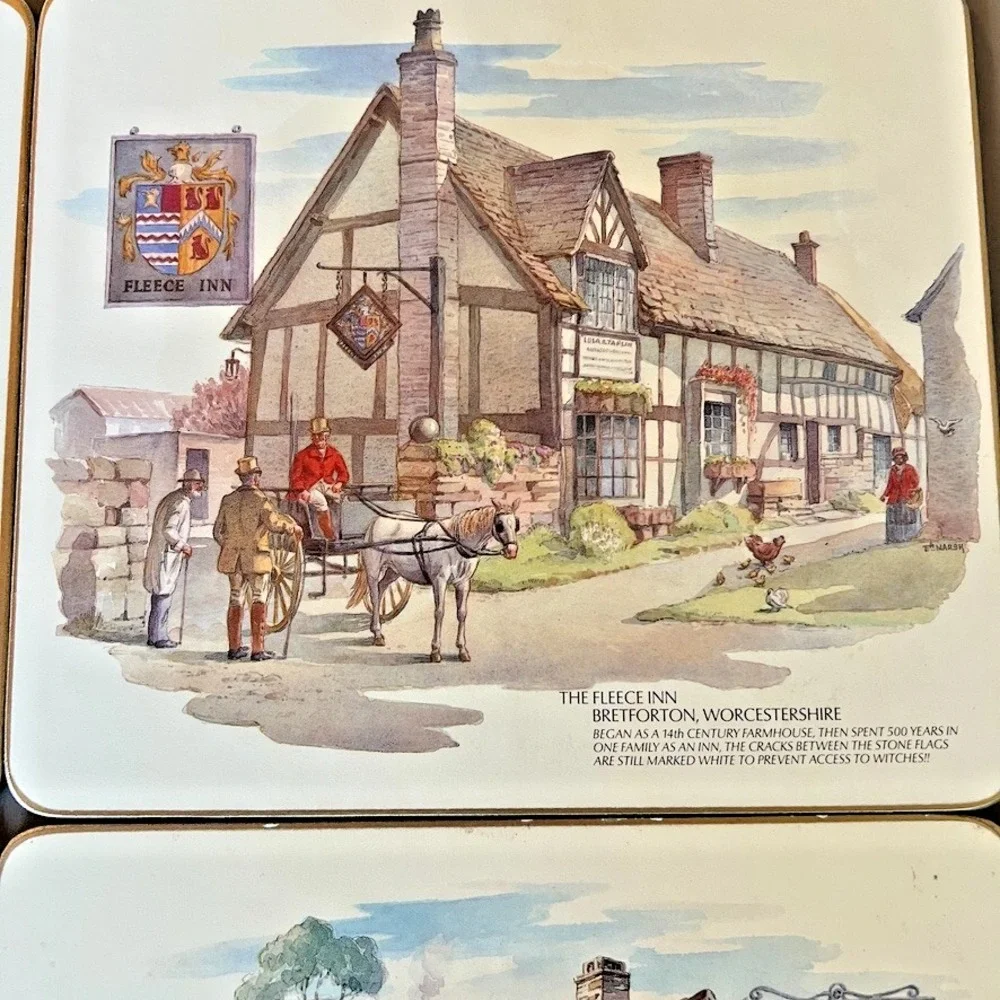 Vintage Cloverleaf Table Mats Set Olde Inns of England Cork Backed Placemats Set